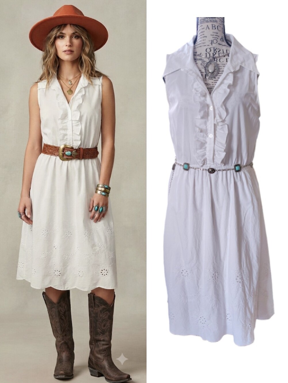 VTG White Sleeveless Ruffled Button Top Eyelet Midi Dress Medium Coastal Boho
